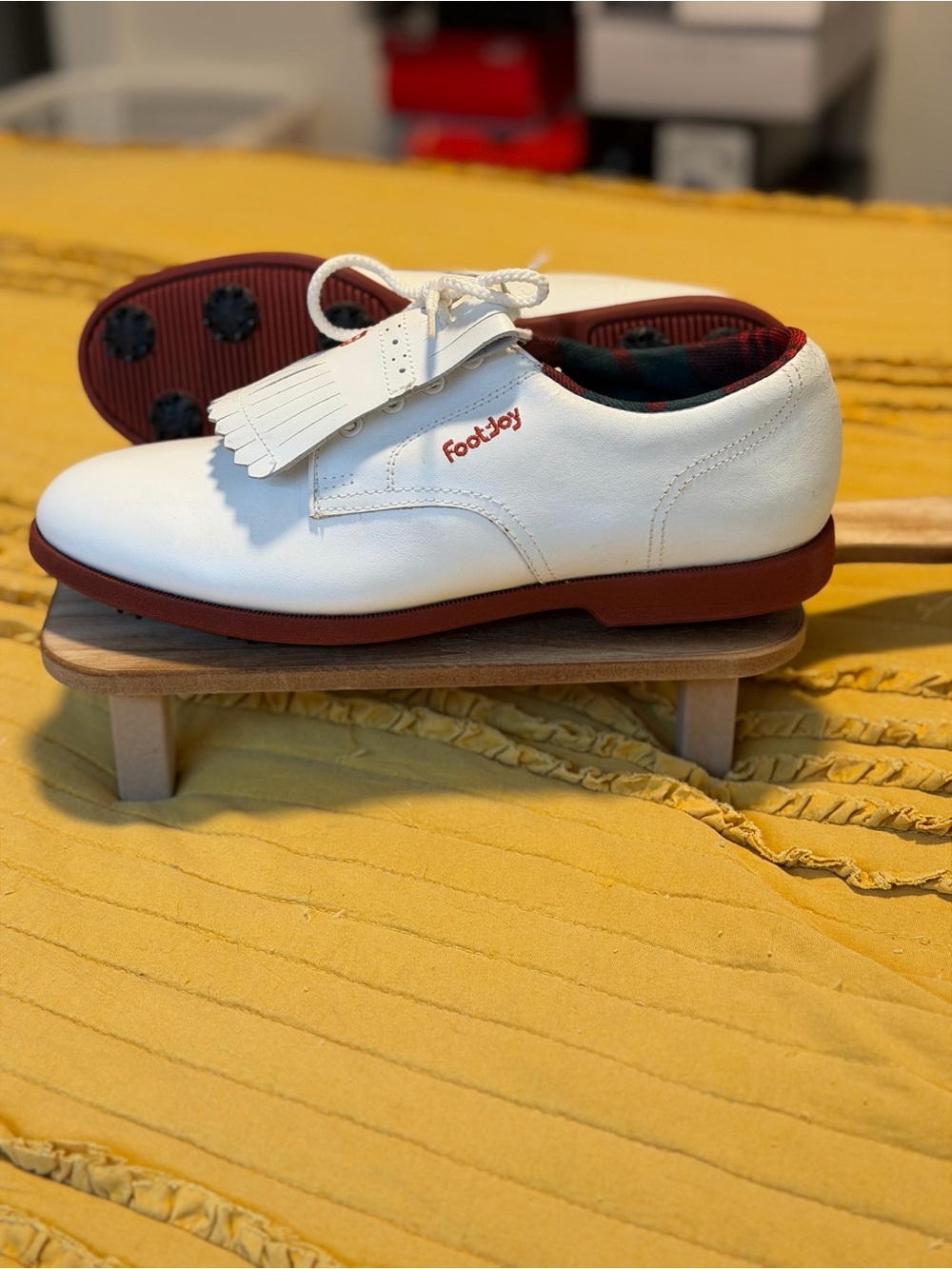 FootJoy White Leather Golf Shoes with Red Soles and Logo
